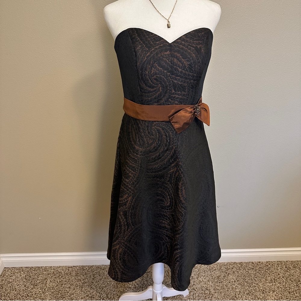 David's Bridal  Strapless, Copper and Black, Brocade Cocktail Dress Size 8